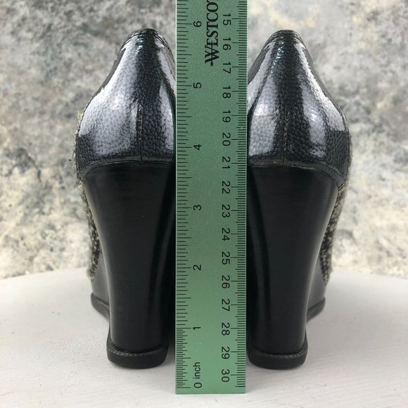 Sperry Women's Size 9.5M Top Sider Black Cream Tweed Peep Toe High Heel Wedges - Picture 7 of 13